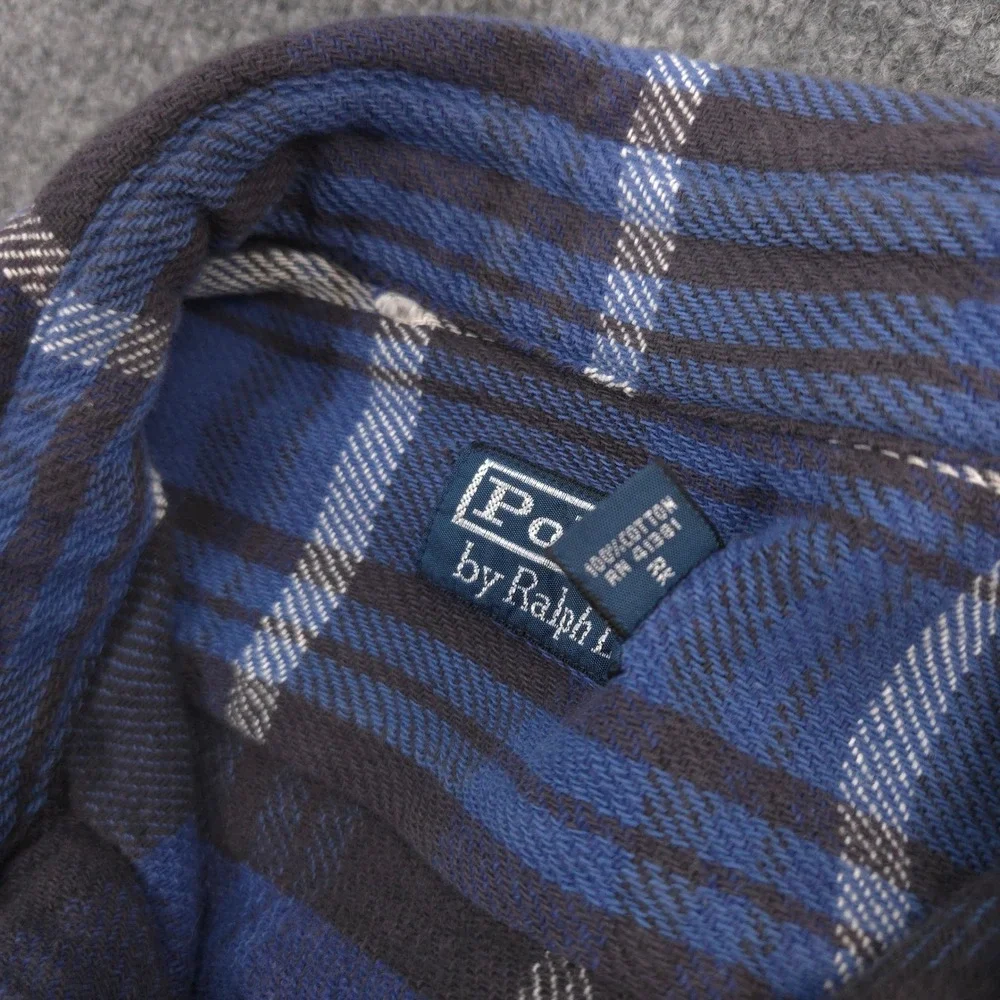 Vintage Polo Ralph Lauren Flannel Work Shirt Mens M Blue Plaid Pencil Pocket 90s
